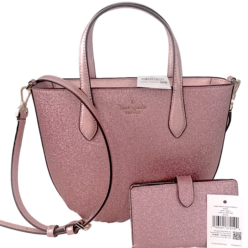 NWT 2-Piece Kate Spade Glitter Glimmer Crossbody Bag/Matching Bifold Wallet Pink